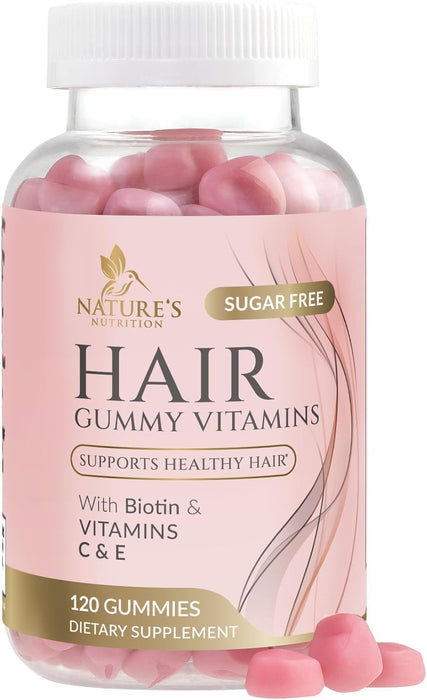 Hair Gummy Vitamins, Sugar Free with Biotin 5000 mcg, Vitamin A, B12, C, D, E, Folic Acid, Supports Hair Growth, Vegetarian Friendly, for Strong, Beautiful Hair and Nails, Non-GMO - 60 Gummies