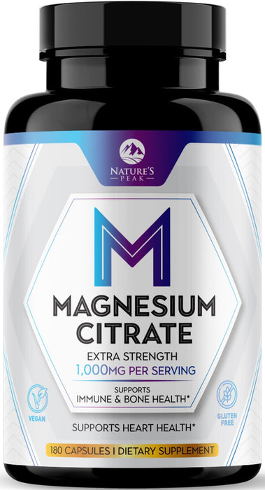 Magnesium Citrate 1000mg - High Absorption Magnesium Supplement Supports Muscle, Bone, Nerve & Heart Health - Extra Strength Magnesio Complex Pills - Non-GMO, Premium Energy Formula - 180 Capsules