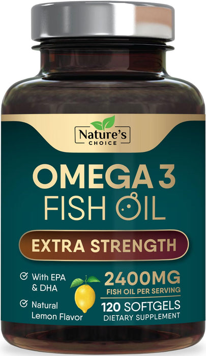 Omega 3 Fish Oil Supplement 2400 mg - Triple Strength EPA & DHA Fish Oil Omega 3, Essential Fatty Acids Supplement Softgels, Brain & Heart Health Support Supplements, Gluten Free Non-GMO, 120 Softgels