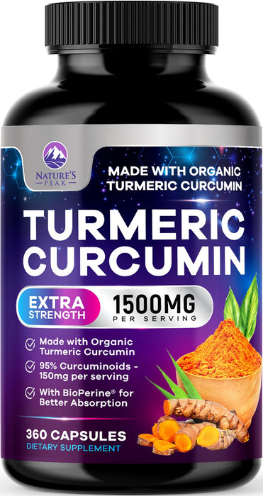 Turmeric Curcumin Supplement with BioPerine 95% Curcuminoids 1500mg with Black Pepper for Best Absorption - Best Natural Vegan Joint Support - Bottled in USA, Non-GMO, Organic Tumeric - 360 Capsules