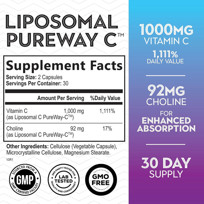 Liposomal Vitamin C 1000mg, High Absorption PureWay Vitamin C Antioxidant Supplement, Buffered Soluble VIT C, Immune Support & Collagen Boost, Nature's VIT C Liposomal, Non-GMO Vegan - 60 Capsules