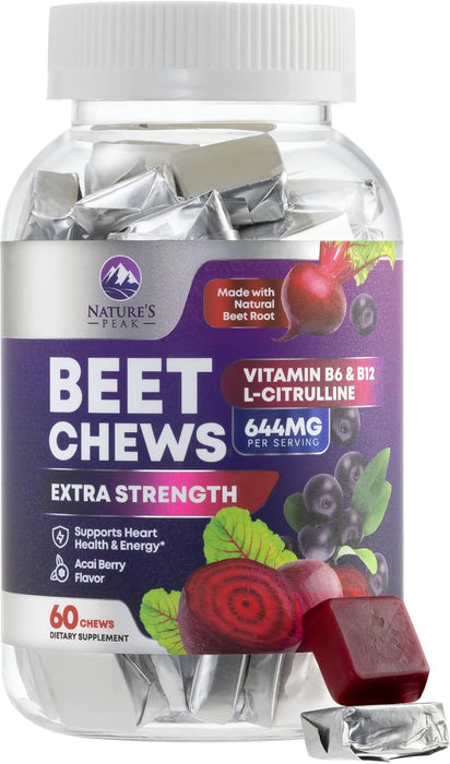 Beet Chews - Soft Beet Root Chewables with Grape Seed Extract Supports Heart Health & Energy with Powerful Antioxidants - Beetroot Nitric Oxide Supplement, Acai Berry Flavor - 60 Vegan Soft Chews