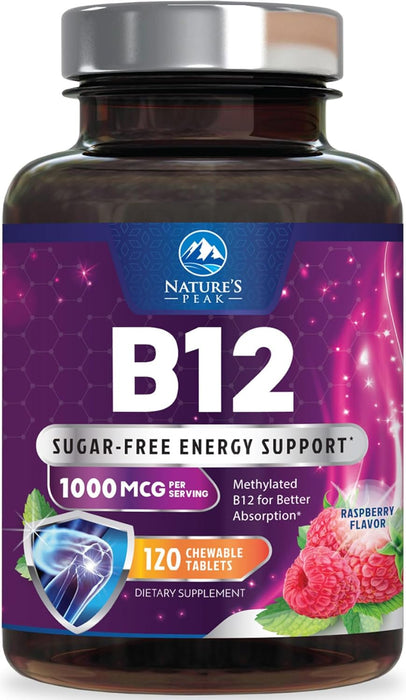Vitamin B12 1000 mcg (Methylcobalamin) Super B 12 Complex Dietary Supplement For Energy & Immune Support, Vegan, Sugar-Free, Sublingual, Tasty Raspberry Flavor - 120 Chewable Tablets