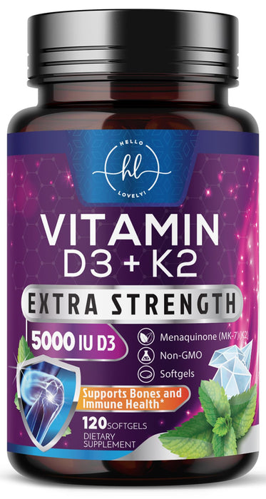 Vitamin D3 K2 - Vitamin D3 (5000 iu) & 100 mcg Vitamin K2 (MK-7) Complex for Immune Support & Bone, Teeth & Muscle Health - Easy to Swallow, Gluten Free, Non-GMO, Bottled in USA - 120 Softgels