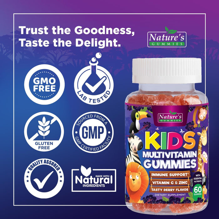 Multivitamin for Kids Gummies with Vitamin C, D3 & Zinc for Children's Immune Support - Chewable, Daily Kids Multi Vitamin Gummy, Non-GMO, Gluten Free, Natural Strawberry Flavor - 60 Gummies