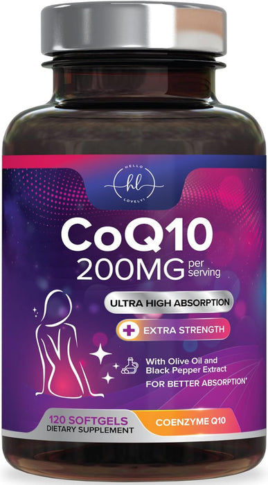 CoQ10 200mg Softgels - Ultra High Absorption, Antioxidant for Heart Health & Energy Production Support - Coenzyme Q10 Co Q 10 Vitamins and Supplements 100mg Each - Non GMO & Gluten Free
