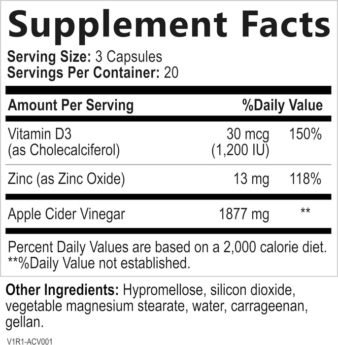Apple Cider Vinegar Capsules - ACV Supplements with Vitamin D3 & Zinc for Detox & Cleanse, Gluten Free & Non-GMO, Vegetarian ACV Pills for Digestion, Energy & Immune Support
