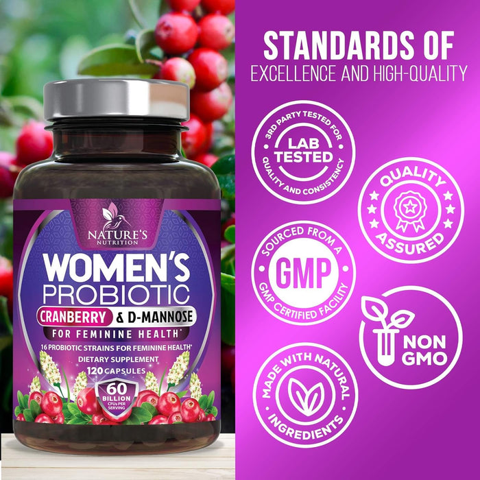 Probiotics for Women with Prebiotics & Cranberry, 50 Billion CFU, Vaginal Women's Probiotic for Immune & Digestive Health, D-Mannose for Urinary Health, Shelf Stable No Soy Gluten Dairy - 60 Capsules