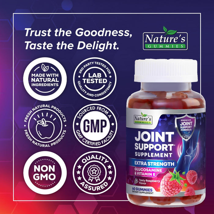 Joint Support Supplement - Extra Strength Glucosamine Gummy Supports Joints Health & Flexibility for Back, Knees, Hands - Natural Vitamin E Immune Support - Best Gummies for Women & Men - 60 Gummies