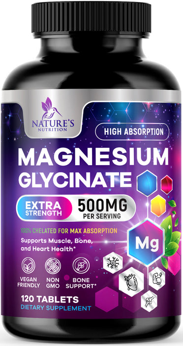 Magnesium Glycinate 425 mg with Calcium - Max Absorption Magnesium Tablets for Muscle, Nerve, Bone & Heart Health Support - Vegan, Non-GMO, Gluten Free Nature's Nutrition Supplement