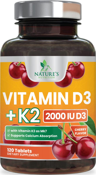 Vitamin D3 K2, Max Absorption 2000 IU (50 mcg) Vitamin D K2 MK-7 Complex for Bone Strength, Teeth, Muscle, Heart & Immune Health Support, Nature's Supplements, Easy to Swallow