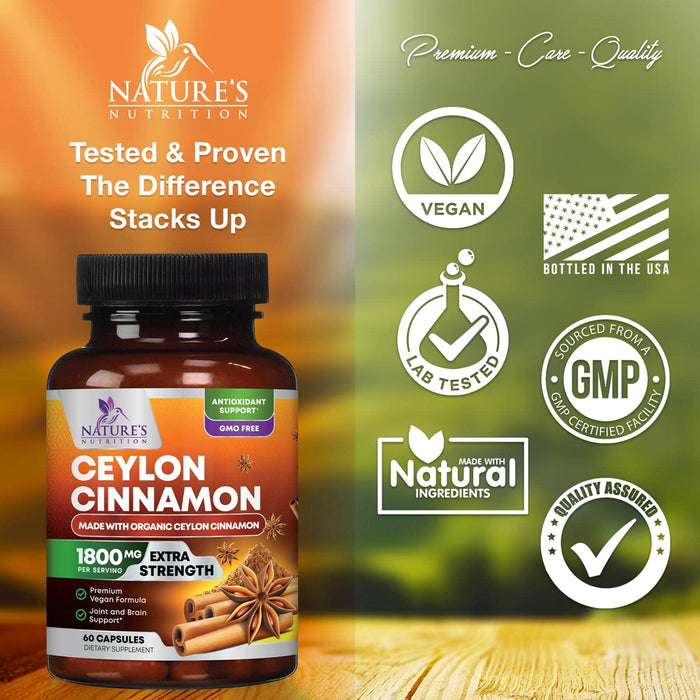 Pure Cinnamon Capsules, Certified Organic Ceylon Cinnamon Pills, Non-GMO, Gluten-Free, Dairy-Free, Sri Lanka Cinnamon Powder Supplement, Best Vegan True Cinnamomum Vitamins, Sugar Free
