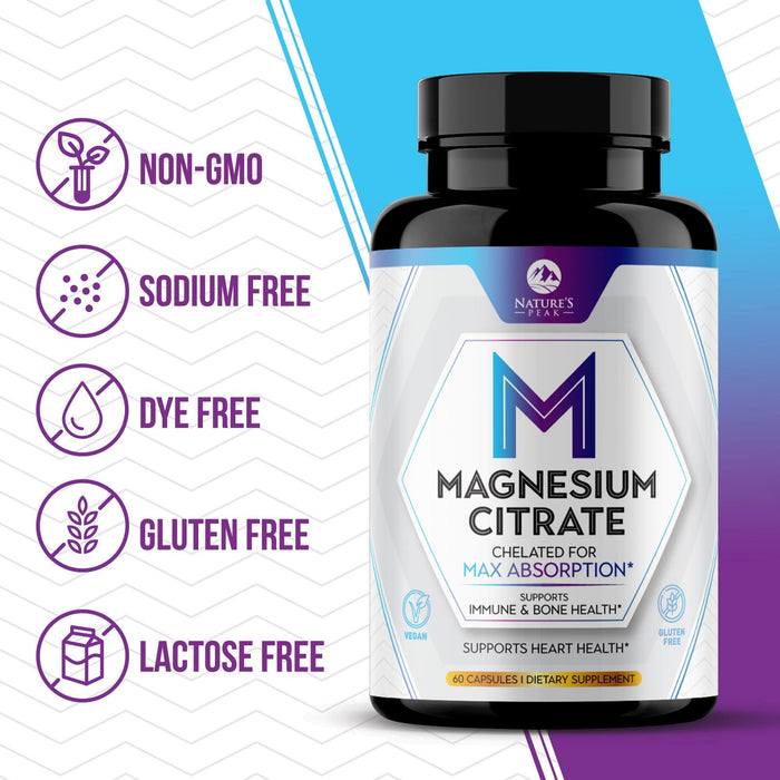 Magnesium Citrate 1000mg Capsules - Extra Stength Magnesium Supplement for Muscle, Nerve, Bone & Heart Health Support - High Absorption Magnesium Oxide Powder, Gluten Free, Non-GMO