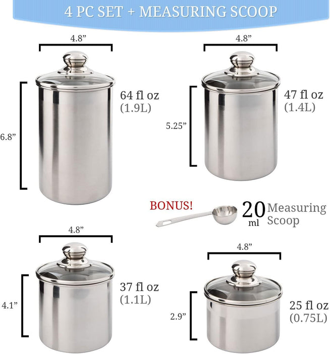 Kitchen Canister Set - Airtight Stainless Steel Canisters with Glass Lids - Clear See-Thru Top - Containers Set for Kitchen - Ideal for Food, Flour, Sugar, Coffee, Tea & Pantry Storage