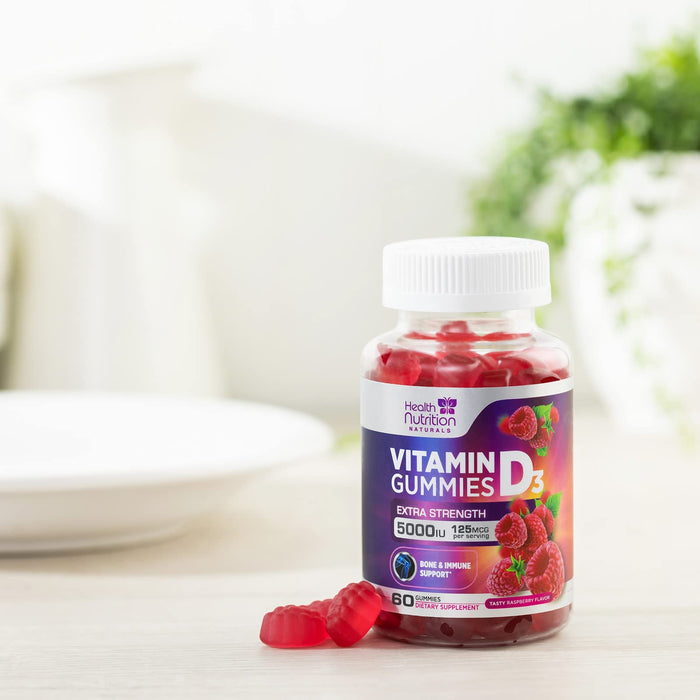 Vitamin D3 Gummies 5000 IU (125 mcg) - Extra Strength Immune Support, Bone, Teeth and Muscle Vitamin D Gummy Dietary Supplement, Nature's Berry D Vitamin Supplement, Raspberry, Non-GMO - 60 Gummies