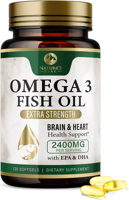 Nature's Peak Fish Oil 2400 mg - Triple Strength Fish Oil Supplement, Omega 3 Fish Oil w/EPA & DHA Fatty Acids for Healthy Heart Support, Burpless Omega 3 Supplements