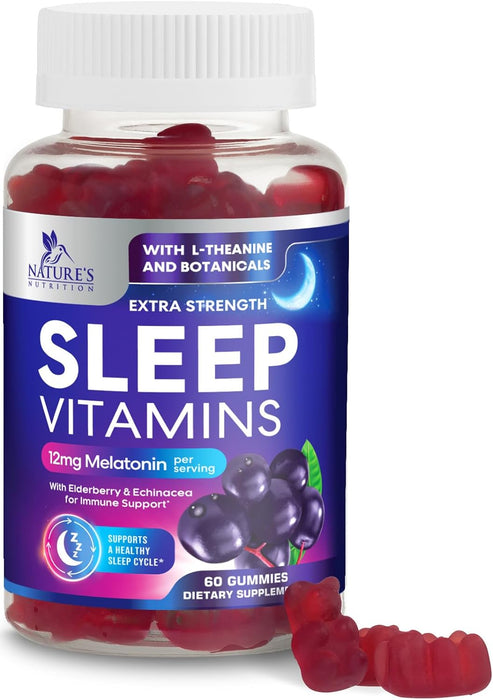 Sleep Vitamins - Fast Acting & Non-Habit Forming Sleep Gummy Supplement for Adults - Fall Asleep Naturally with 12mg Melatonin, Chamomile & Zinc, Restful Sleep & Muscle Support - 60 Gummies