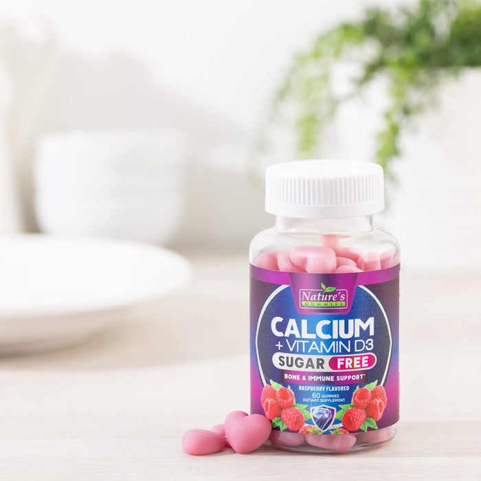 Sugar Free Chewable Calcium Gummy Vitamins - Plus 400 IU Vitamin D3 for Bone, Teeth, & Immune Health Support - Calcium Supplements for Women & Men Daily, Non-GMO, Berry Flavored - 60 Gummies