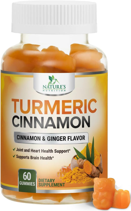 Turmeric Curcumin with Cinnamon & Ginger Gummies 95% Curcuminoids Black Pepper for Max Absorption Joint Support, Nature's Tumeric Herbal Extract Supplement Gummy Capsules, Vegan, Non-GMO - 60 Gummies