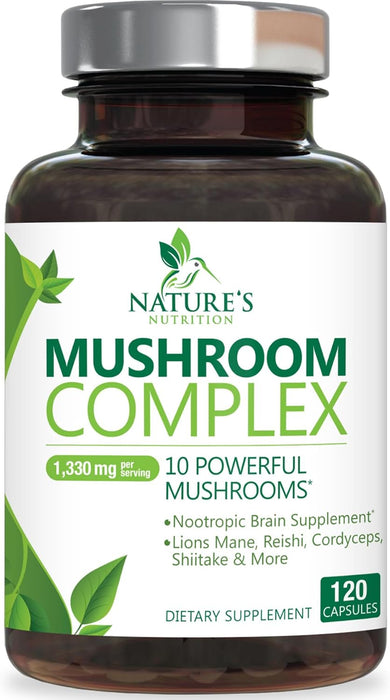 Mushroom Supplement - 10 Mushroom Complex Blend - Lions Mane, Reishi, Turkey Tail, Chaga, Cordyceps, Shiitake, Maitake - Nootropic Brain Supplement, Memory, Focus, Immune Health Support