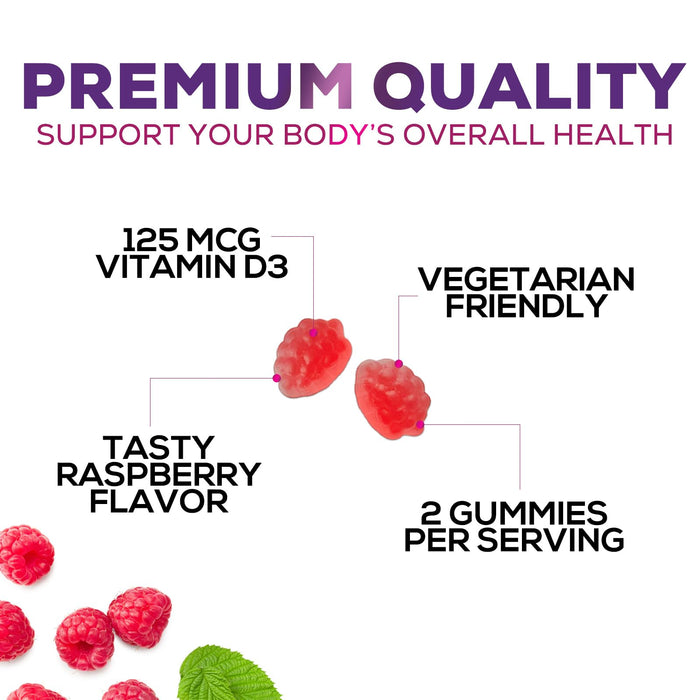 Vitamin D3 Gummies 5000 IU (125 mcg) - Extra Strength Immune Support, Bone, Teeth and Muscle Vitamin D Gummy Dietary Supplement, Nature's Berry D Vitamin Supplement, Raspberry, Non-GMO - 120 Gummies