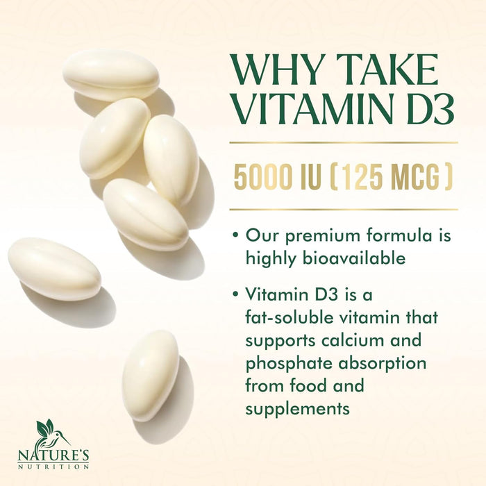 Vitamin D3 5000 IU (125 mcg) - High Potency Vitamin D-3 Supplement (2 Month Supply) for Bone, Teeth, Muscle and Immune Health Support - Dietary Supplement, Gluten Free, Non-GMO - 60 Softgels
