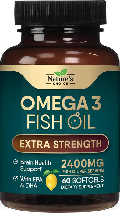 Triple Strength Omega 3 Fish Oil 2400 mg Softgels, Nature's Fish Oil Supplements, Brain & Heart Health Support - EPA & DHA, 1200 MG Fish Oil in Each Softgel, Omega-3 Supplement Softgels