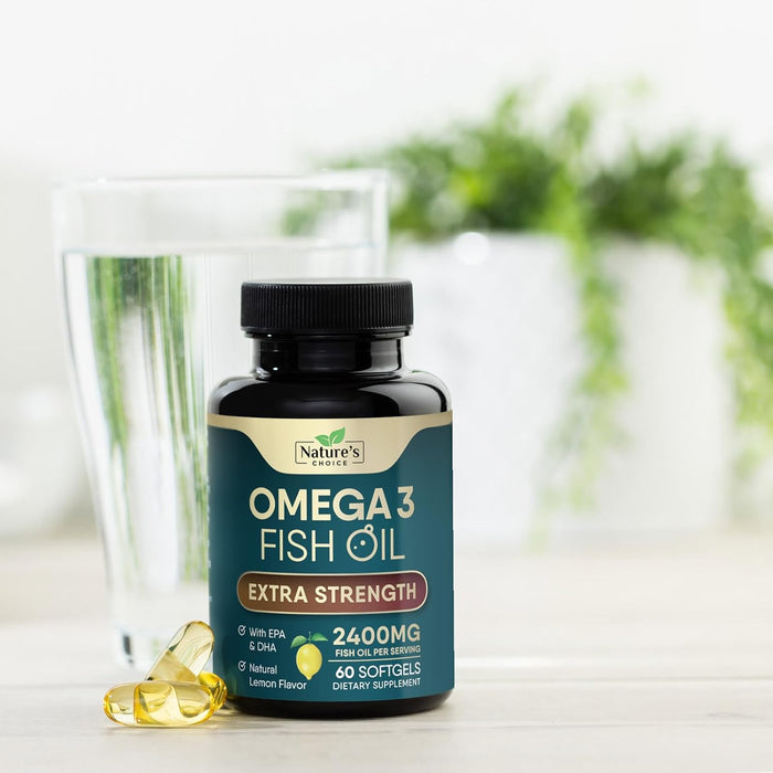 Triple Strength Omega 3 Fish Oil 2400 mg Softgels, Nature's Fish Oil Supplements, Brain & Heart Health Support - EPA & DHA, 1200 MG Fish Oil in Each Softgel, Omega-3 Supplement Softgels