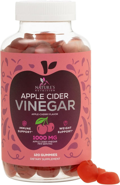 Nature's Nutrition - Vegan Apple Cider Vinegar Gummies 1000mg for Detox Cleanse - Natural Digestion & Immune Health Support, Vitamins B12, Folic Acid, ACV Gummy Supplement