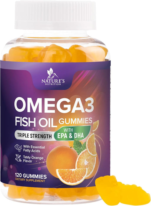 Omega 3 Fish Oil Gummies for Adults, Heart Healthy Omega 3 Supplement Gummies with DHA & EPA, Extra Strength Joint & Brain Support Omega3 Fish Oil Gummy Vitamin, Orange Flavor - 60 Fish Oil Gummies