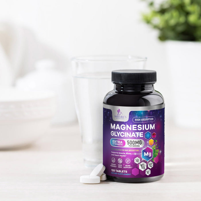 Magnesium Glycinate 500mg - Chelated for Ultra Absorption - Supports Bone, Muscle, Nerves & Heart Health, Nature's Sleep Support, Best Magnesium Supplement Pills for Whole Body Support - 120 Tablets