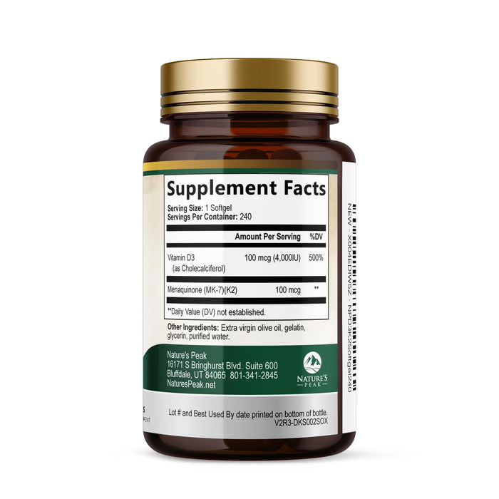 Vitamin D3 + K2 (MK-7) – 5000 IU D3 + 100mcg K2 – 240 Count