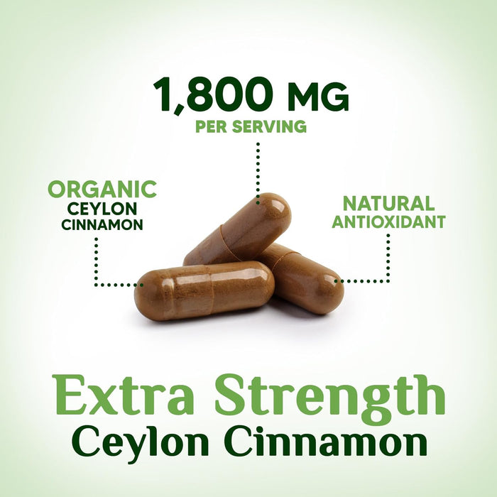 Organic Ceylon Cinnamon Capsules 1800mg - 3X Strength, Certified Organic Ceylon Cinnamon Powder Supplement - Metabolism Support, Antioxidant Pills, Gluten Free, Non-GMO, Bottled in USA - 60 Capsules