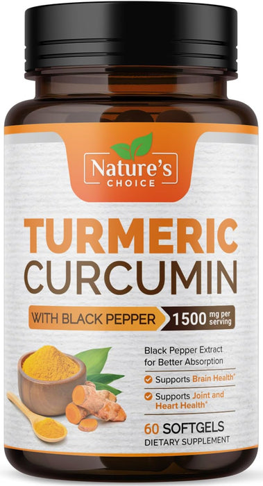 Turmeric Curcumin with Black Pepper Extract 1500mg, Advanced Absorption Tumeric Extract Liquid Softgels Herbal Supplement, Curcuminoids Antioxidant Joint Support for Women & Men, Non-GMO - 60 Softgels