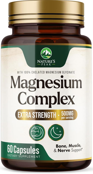 Magnesium Complex 500mg Supplement - Best Blend of Glycinate, Citrate, Malate & Oxide, Supports Sleep, Muscle, Bone & Heart Health, High Absorption, Chelated Magnesium Mineral Supplement, 60 Capsules