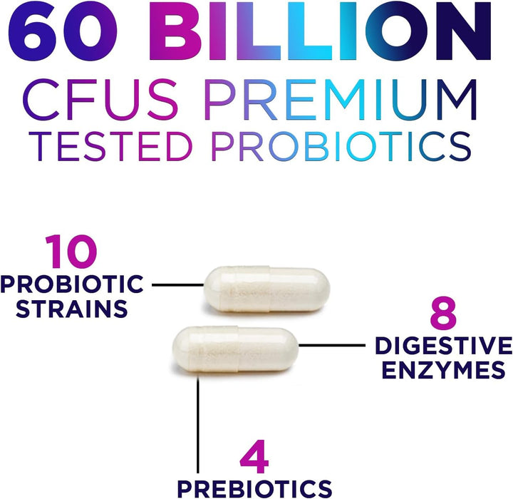 Daily Probiotics and Prebiotics 60 Billion CFU - 10 Diverse Strains for Digestion, Vaginal & Immune Health Support - Digestive Support for Men and Women, Dairy, Soy and Gluten Free
