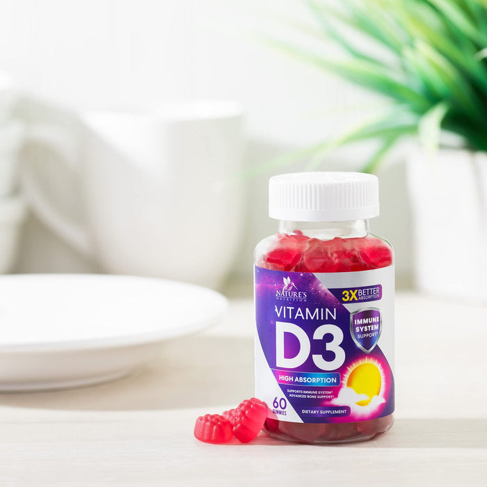 Vitamin D3 Supplement Gummy 5000 IU (125 mcg) Dietary Vitamins D for Men & Women - Bone, Teeth, Muscle & Immune Health Support, High Potency VIT D3 Nature's Non-GMO & Gluten Free - 60 Gummies