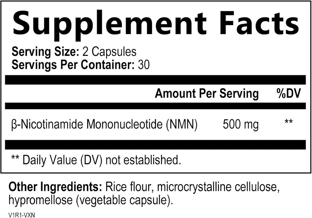 NMN Supplement - β-Nicotinamide Mononucleotide (NMN) 500 mg Per Serving - Pure NMN Formula - NAD+ Precursor Supplement - Cellular Energy & NAD Support - Vegan Capsules - Bottled in USA - 60 Capsules