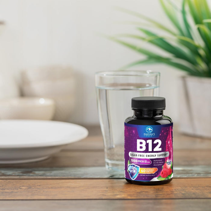 Vitamin B12 1000 mcg (Methylcobalamin) Super B 12 Complex Dietary Supplement For Energy & Immune Support, Vegan, Sugar-Free, Sublingual, Tasty Raspberry Flavor - 120 Chewable Tablets