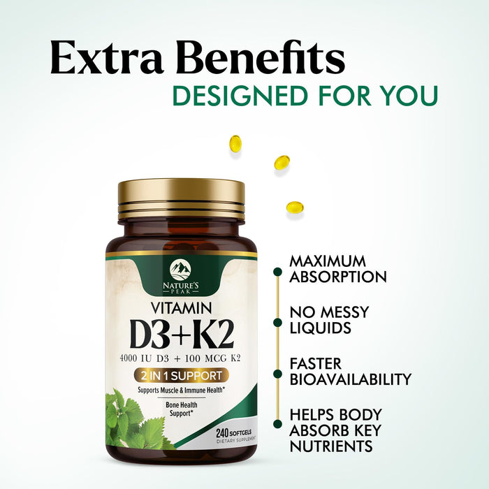 Vitamin D3 + K2 (MK-7) – 5000 IU D3 + 100mcg K2 – 240 Count