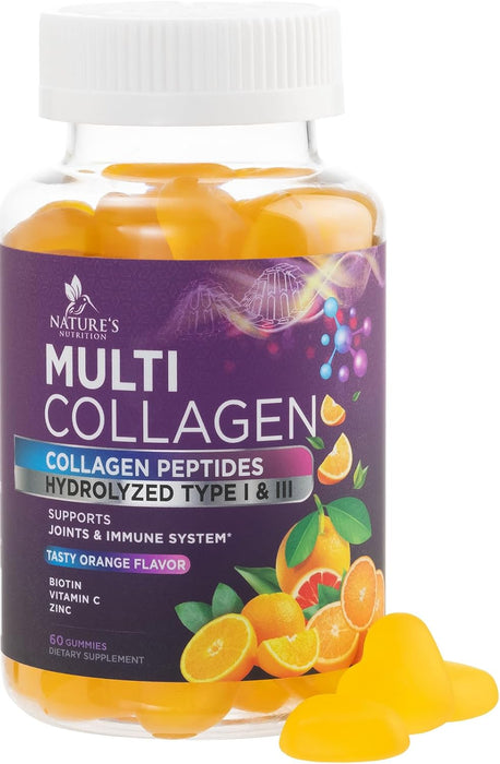 Collagen Gummies with Biotin - Hydrolyzed Collagen Peptides Supplement Types I and III - Support for Hair, Skin, Nails and Joints - Gluten Free and Non-GMO - Orange Flavored Gummy Vitamins