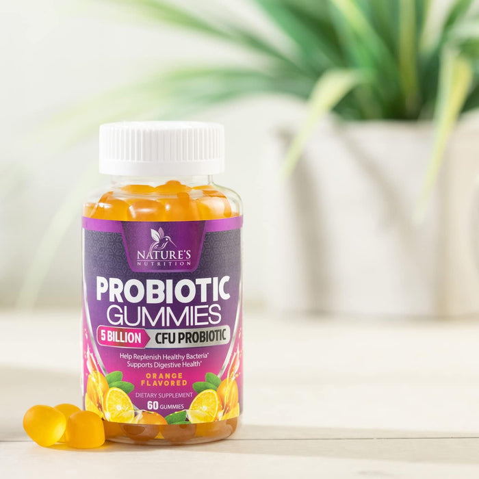 Nature's Nutrition Probiotics for Women & Men Gummy, Extra Strength 5 Billion CFU, Lactobacillus Acidophilus Daily Probiotic Supplement, Supports Immune & Digestive Health, Orange Flavor