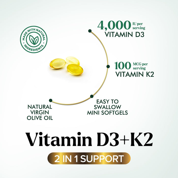 Vitamin D3 + K2 (MK-7) – 5000 IU D3 + 100mcg K2 – 240 Count