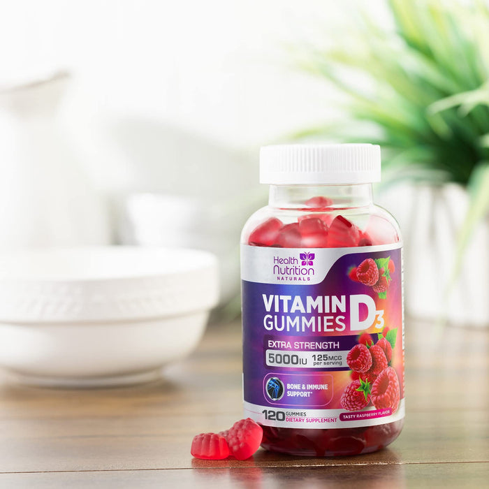 Vitamin D3 Gummies 5000 IU (125 mcg) - Extra Strength Immune Support, Bone, Teeth and Muscle Vitamin D Gummy Dietary Supplement, Nature's Berry D Vitamin Supplement, Raspberry, Non-GMO - 120 Gummies