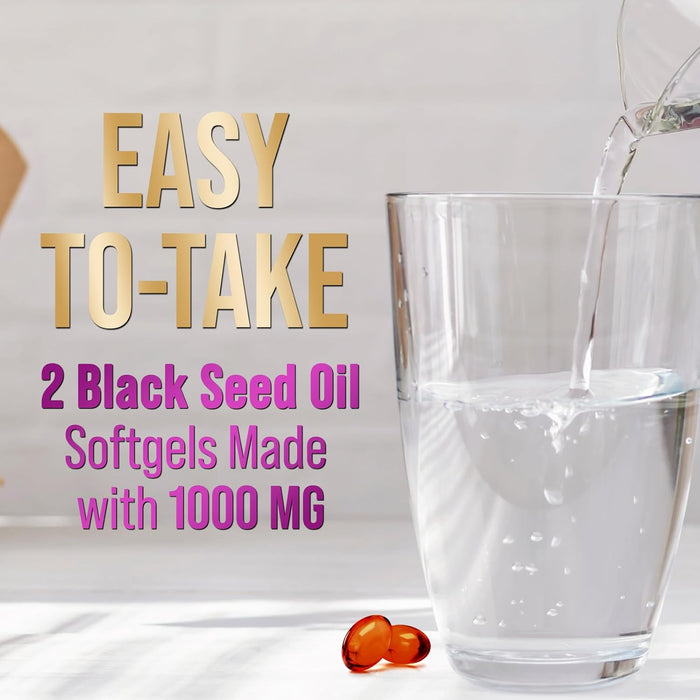 Black Seed Oil Softgels 1000mg - Premium Extra Strength Nigella Sativa Black Seed Oil, Pure Black Cumin Seed Oil for Hair, Skin, Brain Health & Immune Support, Non-GMO, Sugar & Gluten Free