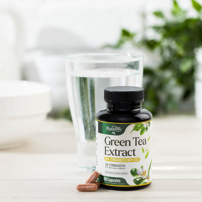 PureTea Green Tea Extract Pills 1000mg with EGCG - 98% Standardized Polyphenols - 3X Absorption Green Tea Capsules for Natural Energy - Heart Support with Antioxidants, Gentle Caffeine
