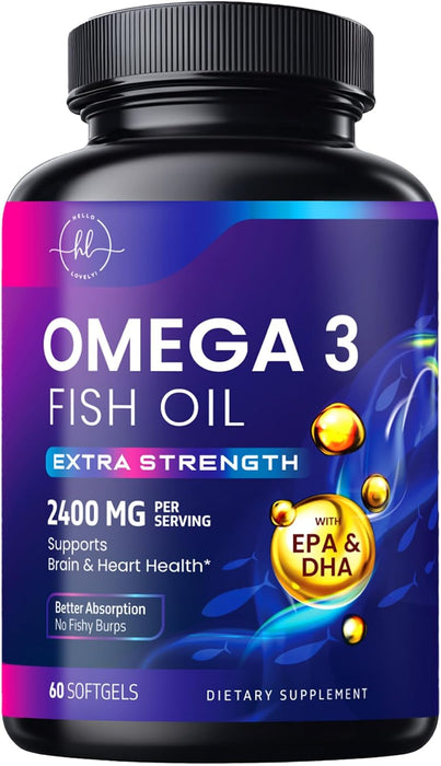 Omega 3 Fish Oil Triple Strength 2400 mg Rapid Release Softgels, Omega-3 Supplements, Natural Brain Heart Joint Health & Immune Support - Fatty Acids with EPA & DHA - Fish Oil Supplement