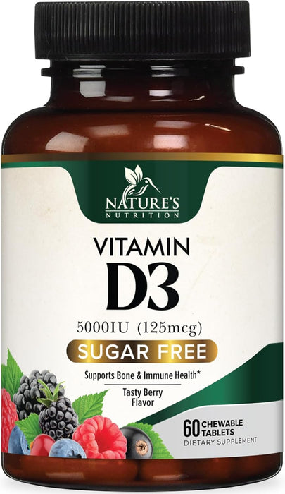 Vitamin D3 5000 IU (125 mcg) - Chewable D Vitamin for Bone, Teeth, Muscle & Immune Support, Sugar Free, Non-GMO, Gluten Free, Nature's Extra Strength Vitamin D Supplements