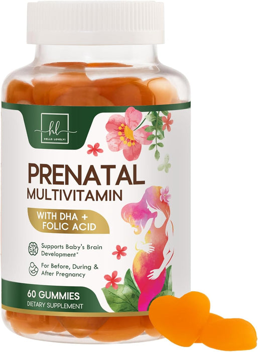 Hello Lovely! Prenatal Gummy Vitamins w/Folic Acid & DHA, Womens Prenatal Multivitamin, Choline, Vitamins B6, B12, C, D3 & Folate for Pregnancy Support Supplement, Non-GMO Gluten Free
