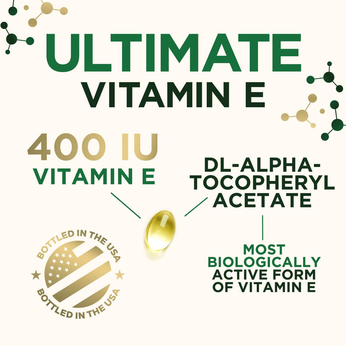 Vitamin E 400 IU Softgels (180mg DL-Alpha) for Women & Men, Supplement for Max Absorption, Nature's Antioxidant for Skin, Heart, Eye, and Immune Health Support, Dairy, Gluten & Soy Free, 120 Softgels